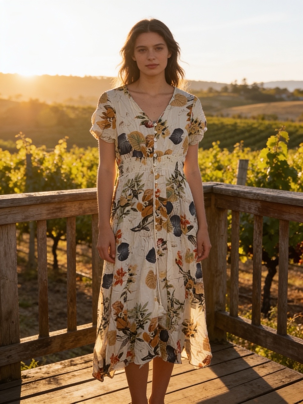 Smocked V-Neck Floral Midi Dress in Cream and Mustard